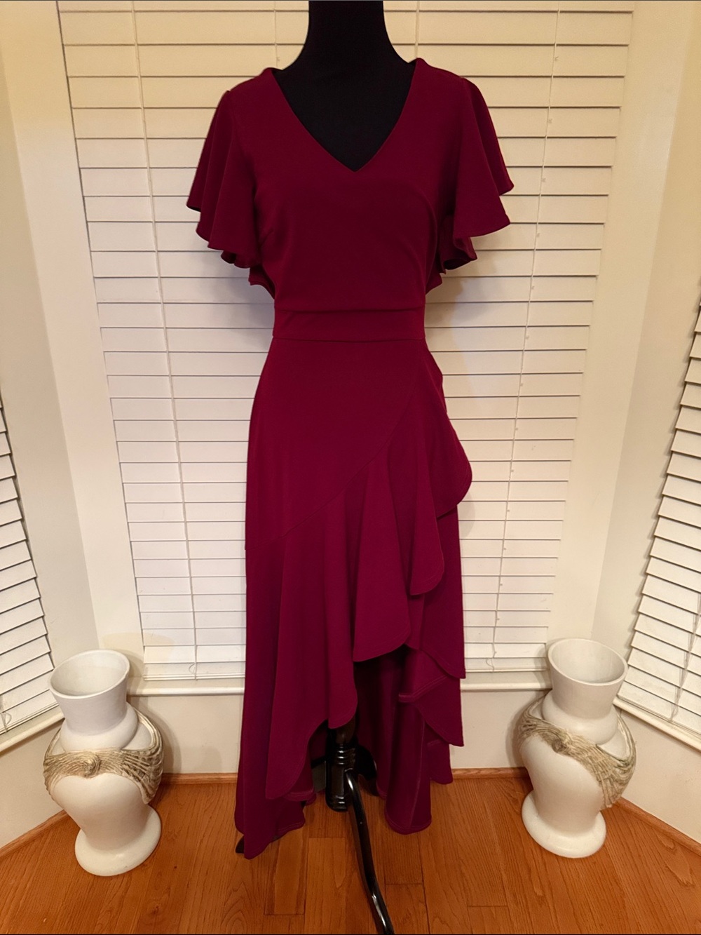 Miusol Burgundy High-Low Ruffle Midi Dress‎ Size Small